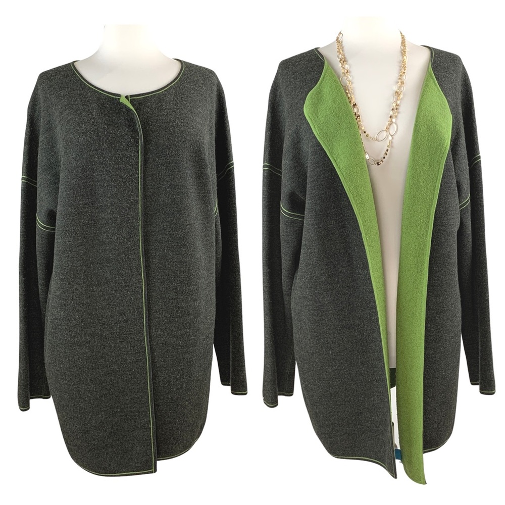 Newton Grey and Green 100% Wool Long Tunic Cardigan Sweater Retro size 1X